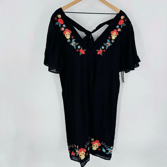 ModCloth Embroidered Black Dress NWT Size 14 Skull Floral Boho Festival Gothic - Picture 1 of 8